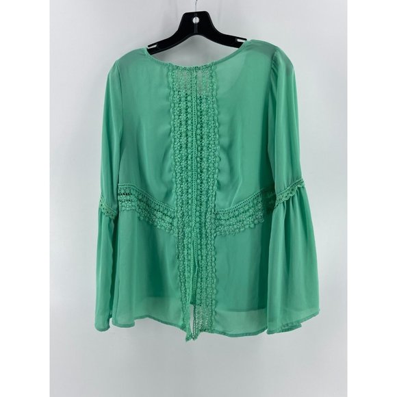 Entro  Women's Long Sleeve Mint Green Boho Crochet Back Shirt Top Blouse Medium - Picture 4 of 10